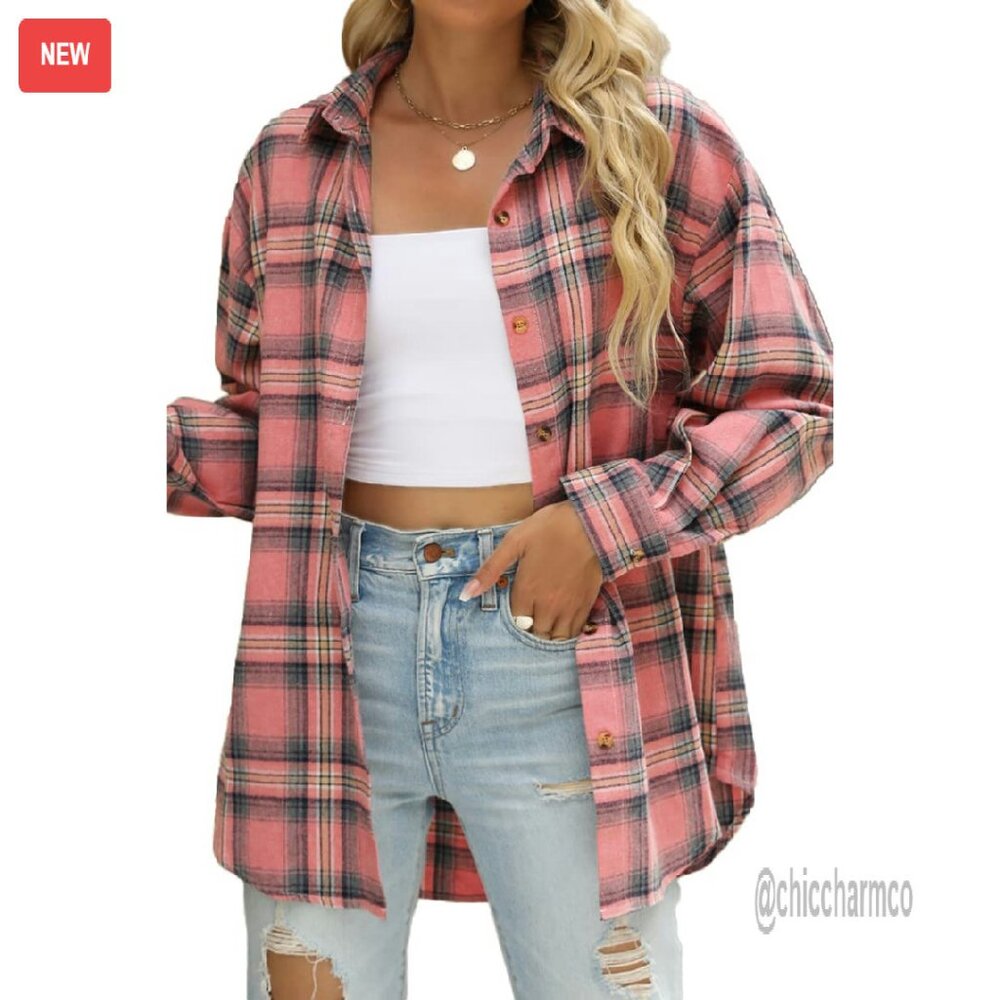 Women's Pink Plaid Button-Up Shirt Jacket